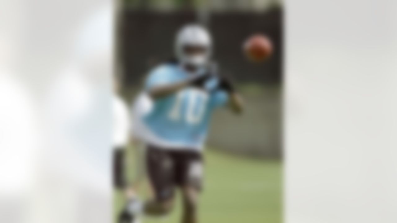 Carolina Panthers' draft pick Armanti Edwards (10) from Appalachian State catches a pass during rookie football minicamp on Saturday, May 1, 2010 in Charlotte, N.C. (AP Photo/Rick Havner)