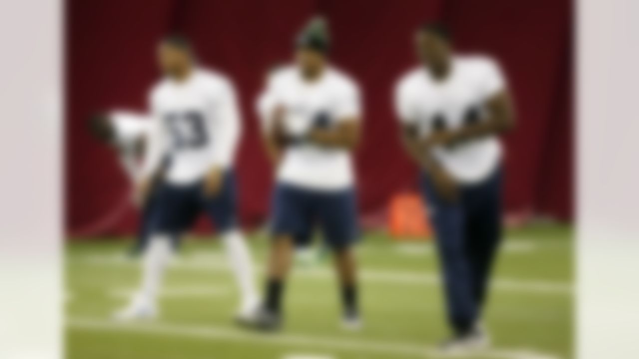 Seattle Seahawks' Bobby Wagner (54), Malcolm Smith (53) and Ryan Robinson (44) run drills during a team practice for NFL Super Bowl XLIX football game, Friday, Jan. 30, 2015, in Tempe, Ariz. The Seahawks play the New England Patriots in Super Bowl XLIX on Sunday, Feb. 1, 2015. (AP Photo/Matt York)