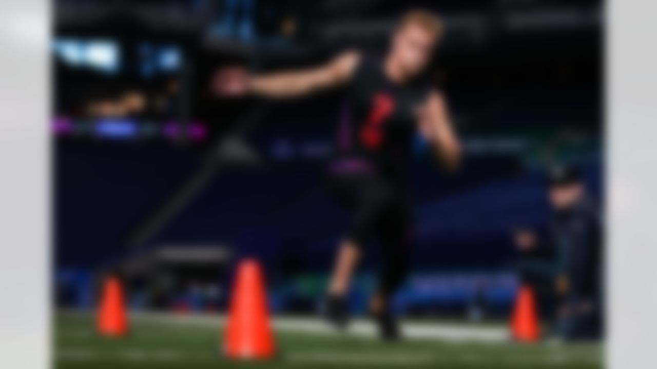 Penn State tight end Mike Gesicki runs a drill during the 2018 NFL Scouting Combine on Saturday, March 3, 2018 in Indianapolis.
Mike Gesicki had the best 2018 Combine performance among all tight ends with a 4.54 40-yard dash (tied), vertical jump (41.5 inches), broad jump , and 3-cone drill, per NFL Research.