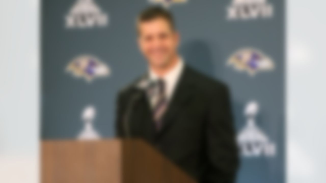 Baltimore Ravens head coach John Harbaugh speaks to the media during the arrivals press conference at the Hilton New Orleans Riverside on Monday, January 28, 2013 in New Orleans, LA. The Ravens will face the San Francisco 49ers in the NFL Super Bowl XLVII football game on Feb. 3. (Ben Liebenberg/NFL)