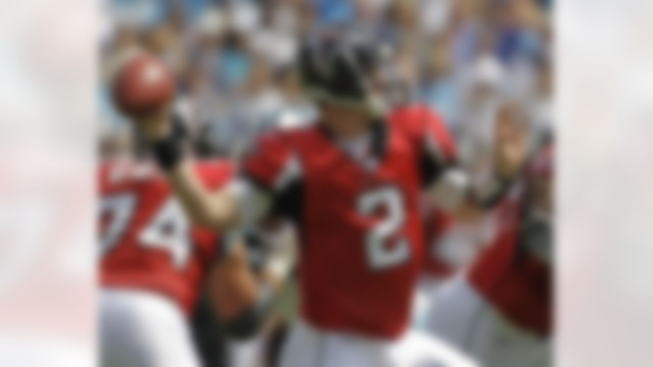 Atlanta Falcons quarterback Matt Ryan prepares to throw a pass in the first half of Atlanta's 24-9 loss to the Carolina Panthers in an NFL football game in Charlotte, N.C., Sunday, Sept. 28, 2008. (AP Photo/Chuck Burton)