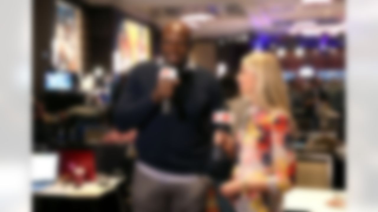Former Buffalo Bills Hall of Fame defensive end Bruce Smith, left, is interviewed on Radio Row at the Super Bowl XLVIII media center in the Sheraton Hotel on Wednesday, January 29, 2014 in New York, NY. (Ben Liebenberg/NFL)