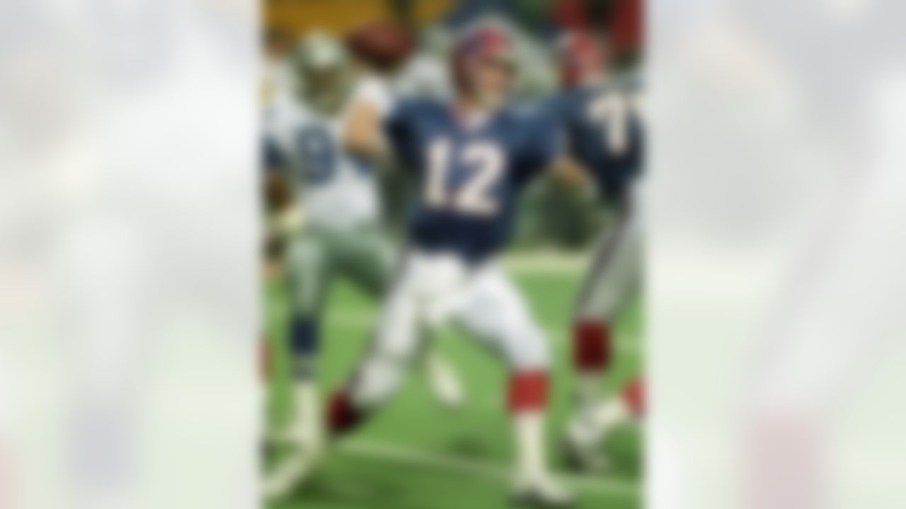 Buffalo Bills Hall of Fame quarterback Jim Kelly (12) flings a pass during Super Bowl XXVIII, a 30-13 loss to the Dallas Cowboys on January 30, 1994, at the Georgia Dome in Atlanta, Georgia. (National Football League)