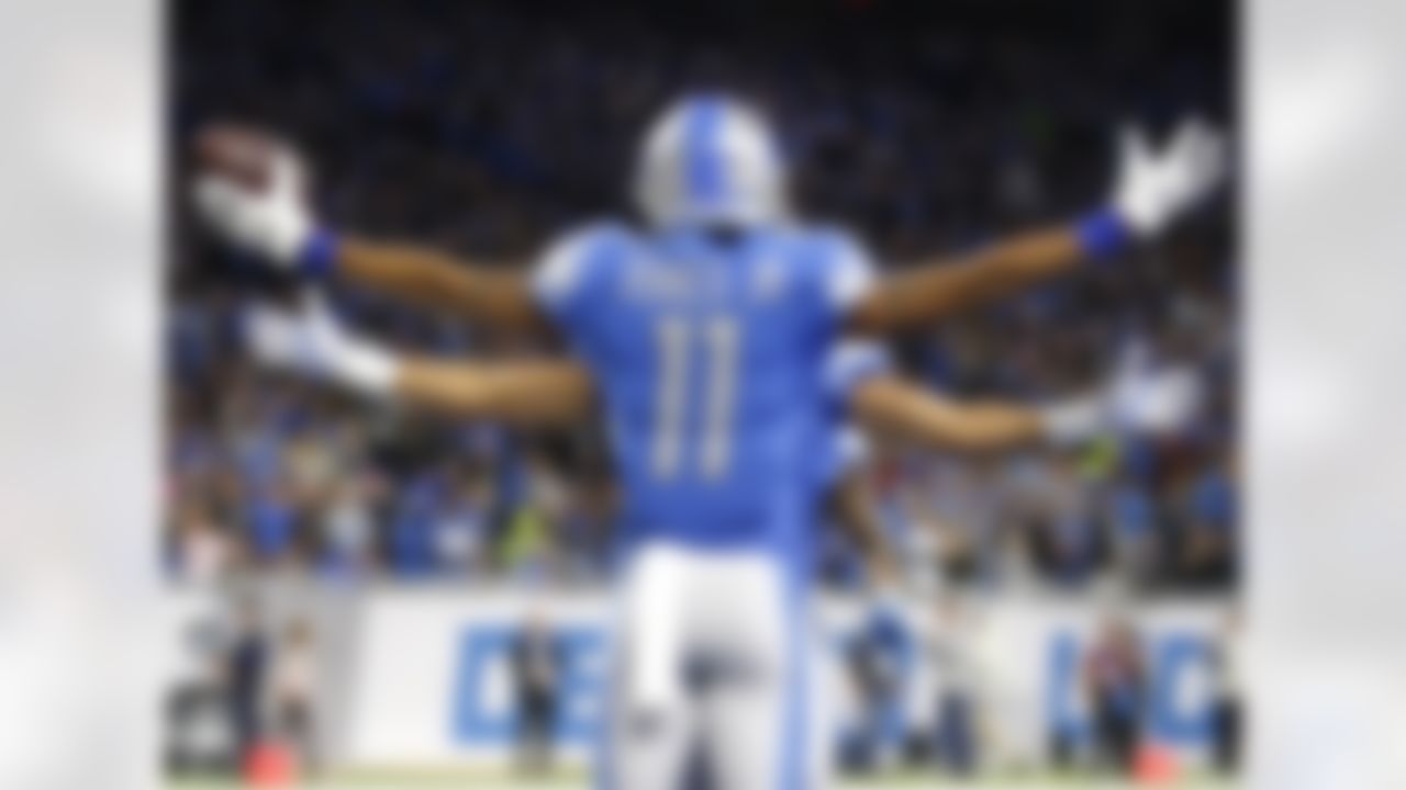 Detroit Lions wide receiver Marvin Jones (11) celebrates after scoring a touchdown during the first quarter against the Seattle Seahawks at Ford Field.