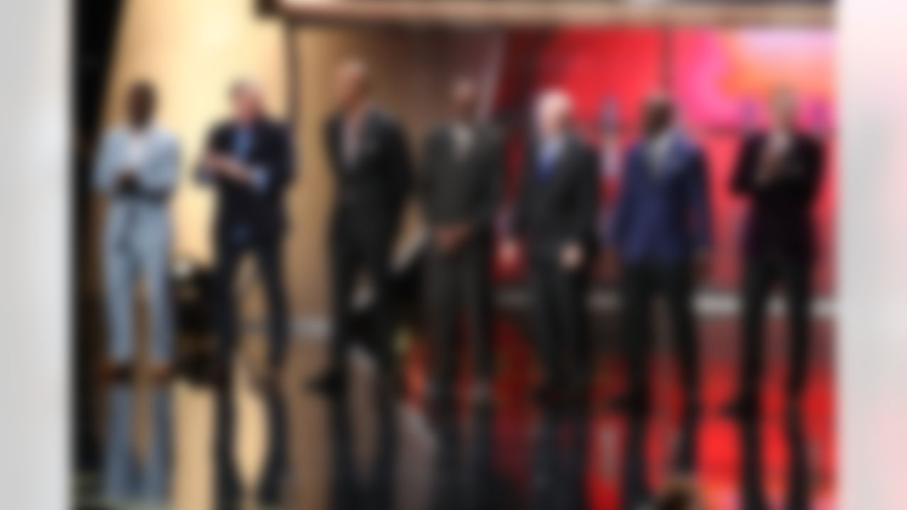 (L-R) Former NFL players LaDainian Tomlinson, Morten Andersen, Jason Taylor, Kenny Easley, Jerry Jones, Terrell Davis and Kurt Warner are announced as inductees into the Pro Football Hall of Fame during the 6th annual NFL Honors award show at the Wortham Theater Center on Saturday, Feb. 4, 2017 in Houston. (Todd Rosenberg/NFL)