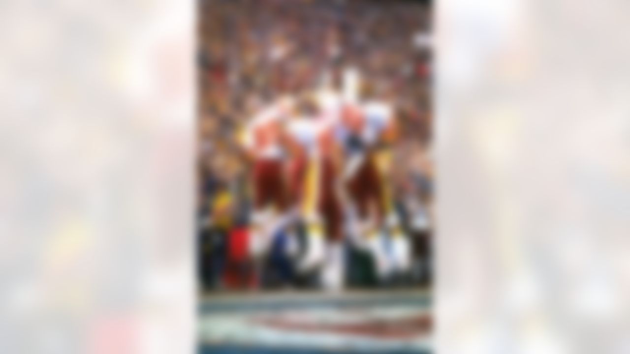 Washington Redskins receivers, known as the "Fun Bunch," leap in the end zone to celebrate Alvin Garrett's touchdown catch in a 27-17 win over the Miami Dolphins in Super Bowl XVII in Pasadena, California on January 30, 1983. (AP Photo / Al Messerschmidt)