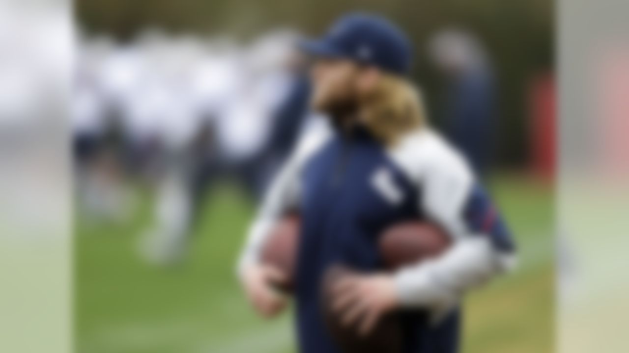 New England Patriots coaching assistant Steve Belichick holds footballs during practice Friday, Jan. 30, 2015, in Tempe, Ariz. The Patriots play the Seattle Seahawks in NFL football Super Bowl XLIX Sunday, Feb. 1. Belichick is the son of head coach Bill Belichick. (AP Photo/Mark Humphrey)
