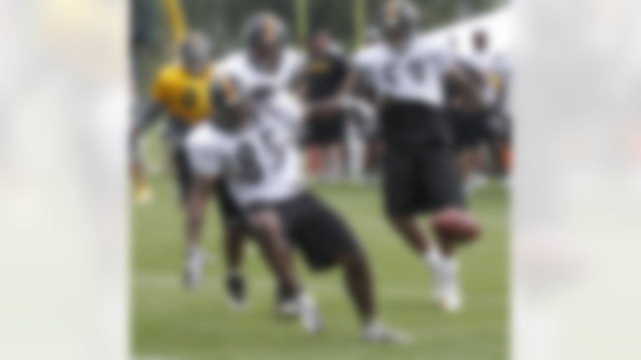 Pittsburgh Steelers fullback David Johnson (85) fumbles the ball after getting hit on a play during practice at the NFL football training camp in Latrobe, Pa. on Saturday, July 28, 2012 . (AP Photo/Keith Srakocic)