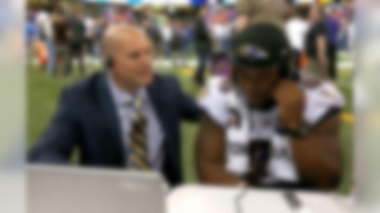 Adam Rank of NFL.com and NFL Network interviews Baltimore Ravens linebacker Courtney Upshaw during the Super Bowl XLVII Media Day at the Superdome on Tuesday, January 29, 2013 in New Orleans, LA. (Ben Liebenberg/NFL)