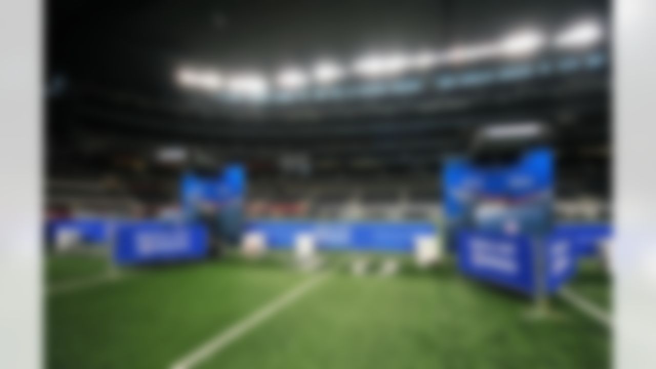 Green Bay Packers podiums are set up prior to Media Day at Cowboys Stadium in Arlington, Texas on February 1, 2011. (Gary A. Vasquez/NFL)
