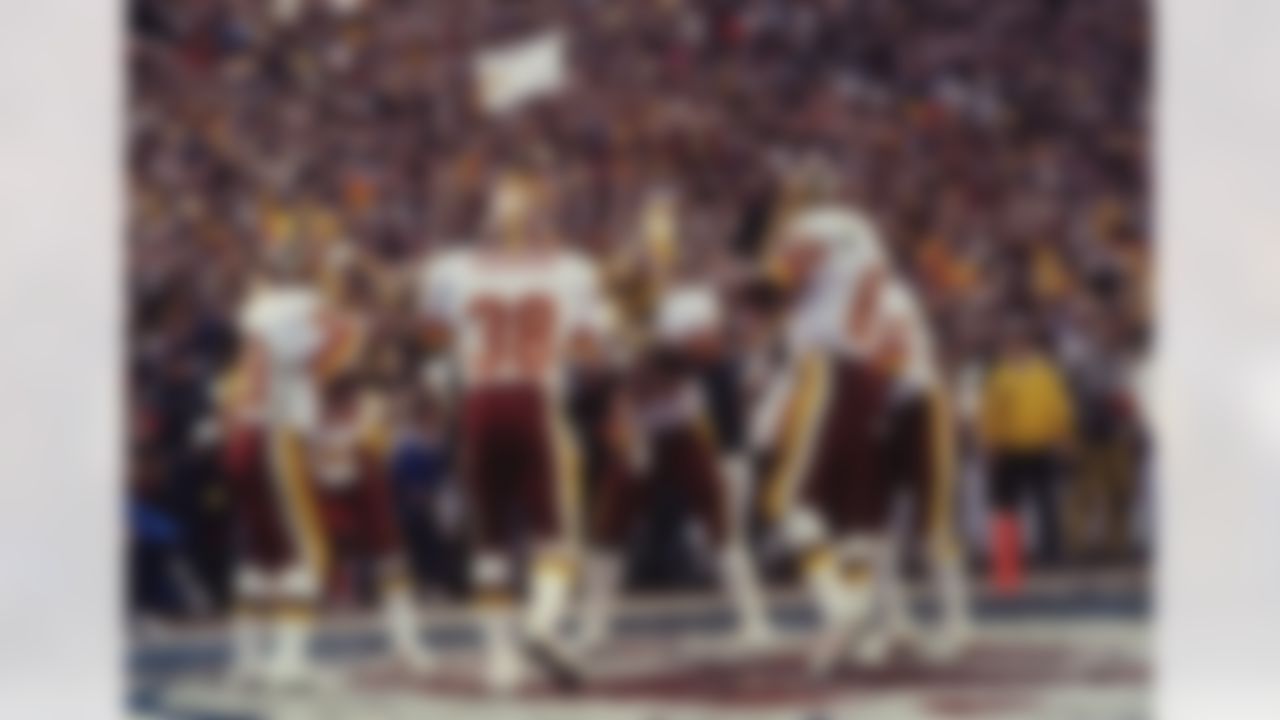 Washington Redskins wide receivers, known as the "Fun Bunch," leap in the end zone to celebrate Alvin Garrett's touchdown catch during the Super Bowl XVII in Pasadena, CA January 30, 1983. (AP Photo/Al Messerschmidt)