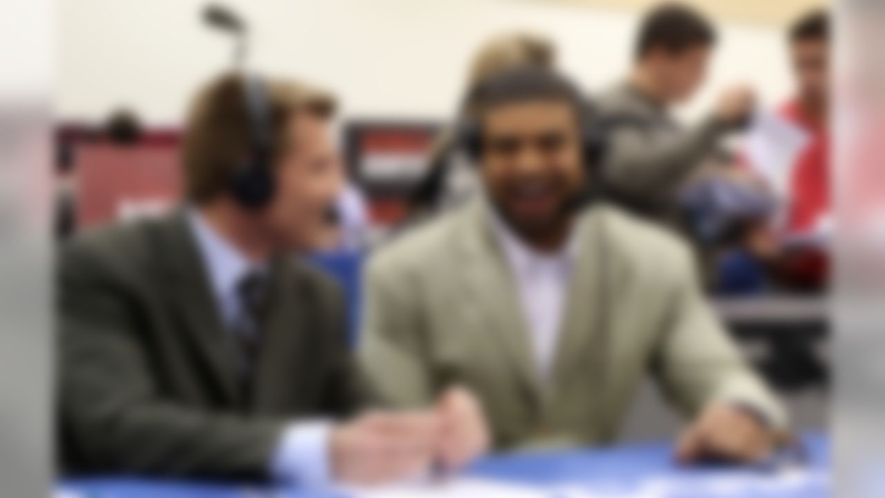 Scott Hanson and Shawne Merriman on the NFL Network set at Super Bowl XLII  Radio Row in Phoenix, Arizona on January 31, 2008. (Photo by Ben Liebenberg/NFL.com)