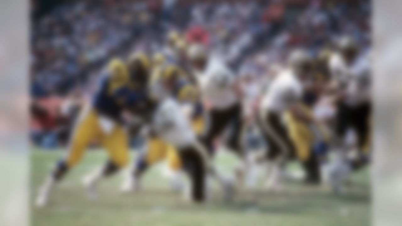 New Orleans Saints linebacker Rickey Jackson (57) tackles the St. Louis Rams Cullen Bryant (32) during the NFL football game between the New Orleans Saints and the Los Angeles Rams in Anaheim, California on November 8, 1981. The Saints won the game 21-13. (AP Photo/Paul Spinelli)