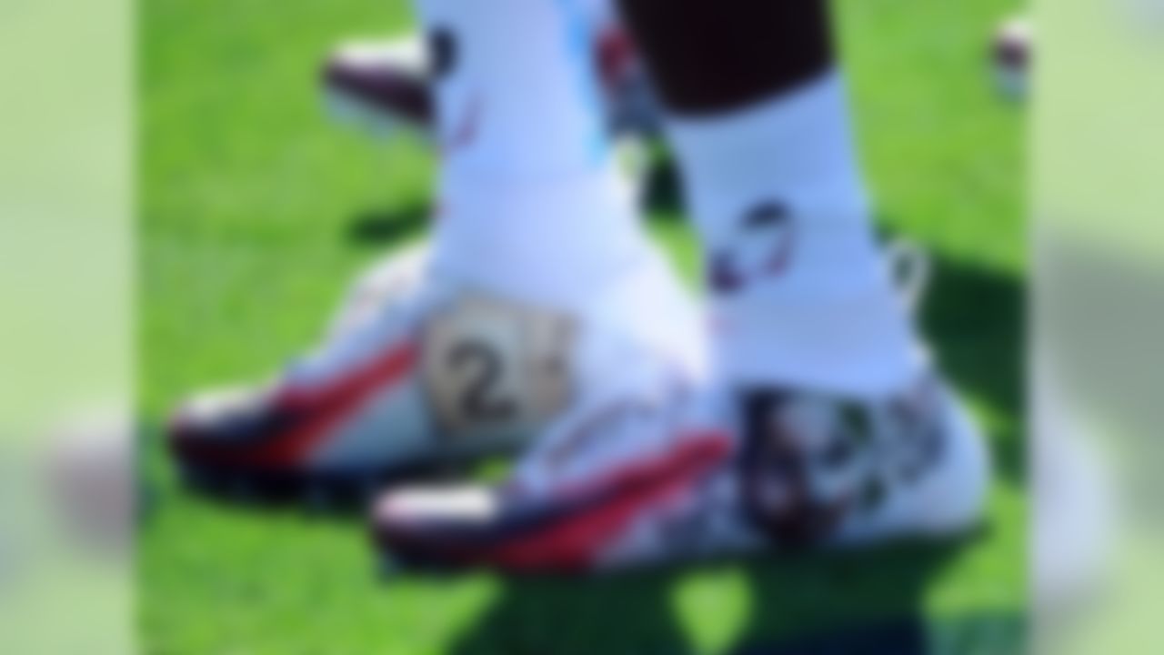 View of cleats worn by Tennessee Titans cornerback Adoree' Jackson (25) before the game against the Philadelphia Eagles at Nissan Stadium.