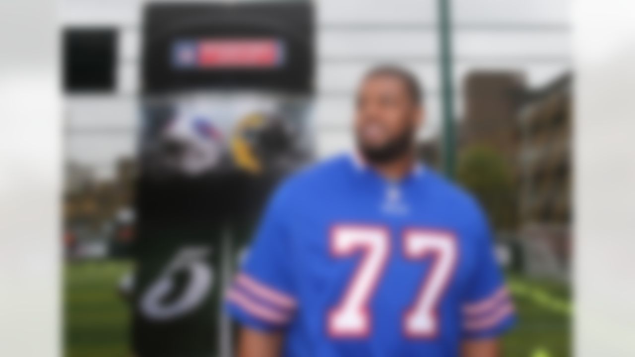 Buffalo Bills tackle Cordy Glenn (77) poses for a photo during an NFL Summer Bowl tournament at the Black Prince Community Hub in London on Wed., July 15, 2015. (Dave Shopland/NFL)