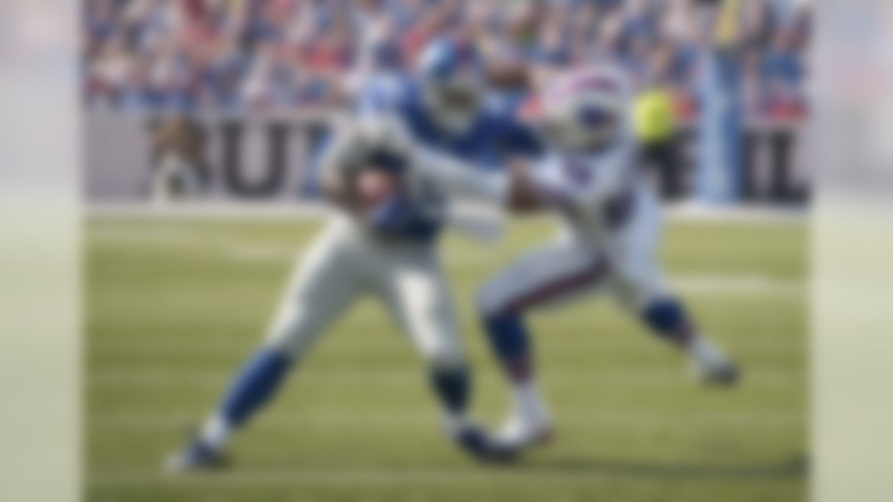 New York Giants tight end Will Tye (45) is tackled by Buffalo Bills middle linebacker Preston Brown (52) during the first quarter of a preseason NFL football game, Saturday, Aug. 20, 2016, in Buffalo, N.Y. (AP Photo/Gary Wiepert)