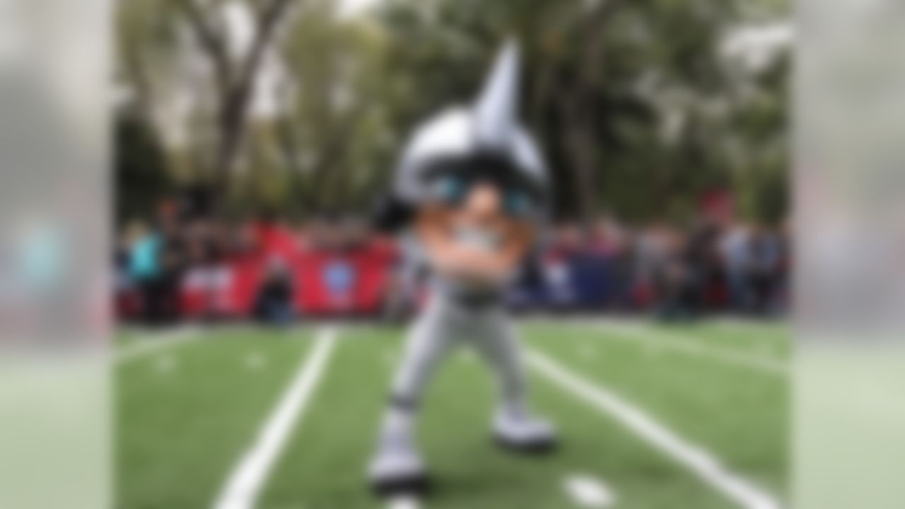 The Raiders mascot performs during NFL Fan Fest in Chapultepec Park in Mexico City on Saturday Nov. 19, 2016. (Ben Liebenberg/NFL)