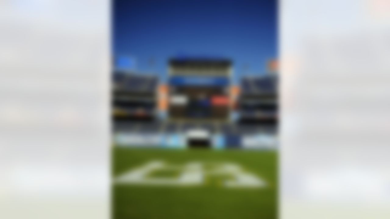 May 11, 2012; San Diego, CA, USA; View of the number 55 painted on the center of Qualcomm Stadium before a celebration of life service to remember former San Diego Chargers player Junior Seau. Mandatory Credit: Christopher Hanewinckel-US PRESSWIRE