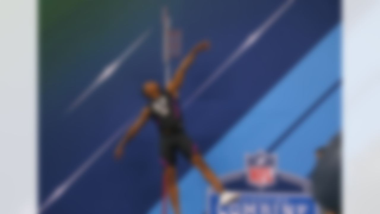 Florida State defensive back Derwin James participates in the vertical jump during the 2018 NFL Scouting Combine on Monday, March 5, 2018 in Indianapolis.