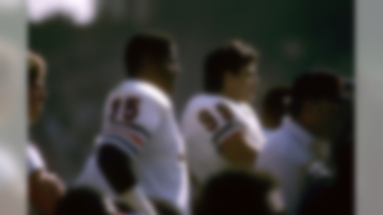 Chicago Bears defensive end Richard Dent (95) and Hall of Fame defensive tackle Dan Hampton (99) during a 29-13 loss to the Los Angeles Rams on November 11, 1984, at Anaheim Stadium in Anaheim, California. (National Football League)