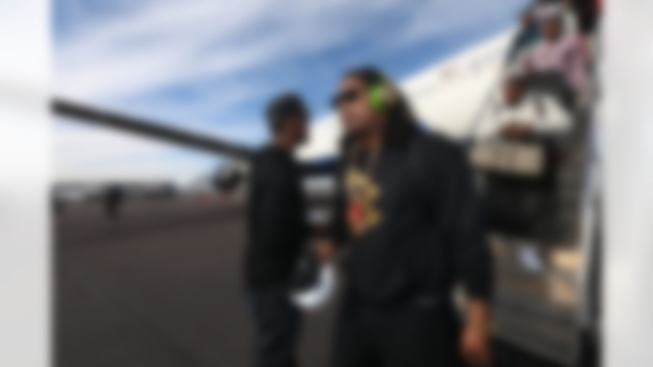 Seattle Seahawks running back Marshawn Lynch during a press conference for Super Bowl XLIX at the Arizona Grand Resort on Sunday, January 25, 2015 in Phoenix, AZ. (Perry Knotts/NFL)
