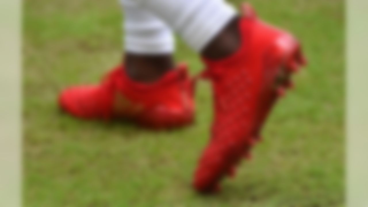 A detailed view of the cleats of Miami Dolphins running back Jay Ajayi (23) prior to the game against the New York Jets at Hard Rock Stadium.