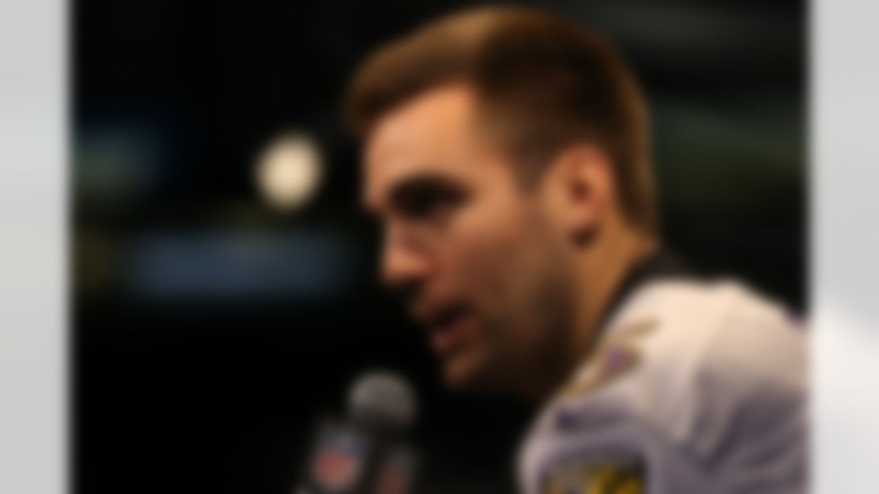 Baltimore Ravens Joe Flacco talks with the media during the Super Bowl XLVII Media Day at the Superdome on Tuesday, January 29, 2013 in New Orleans, LA. (Ben Liebenberg/NFL)