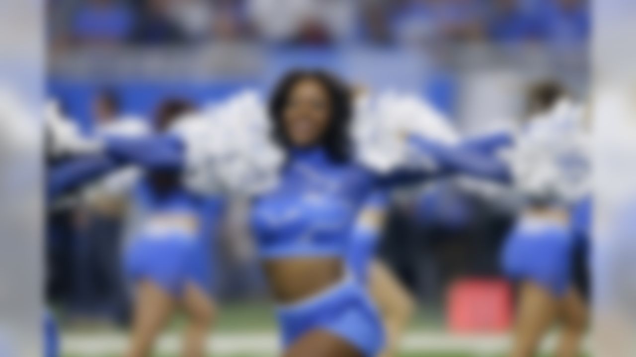 A Detroit Lions cheerleader performs against the Arizona Cardinals during the first half of an NFL football game in Detroit, Sunday, Sept. 10, 2017.