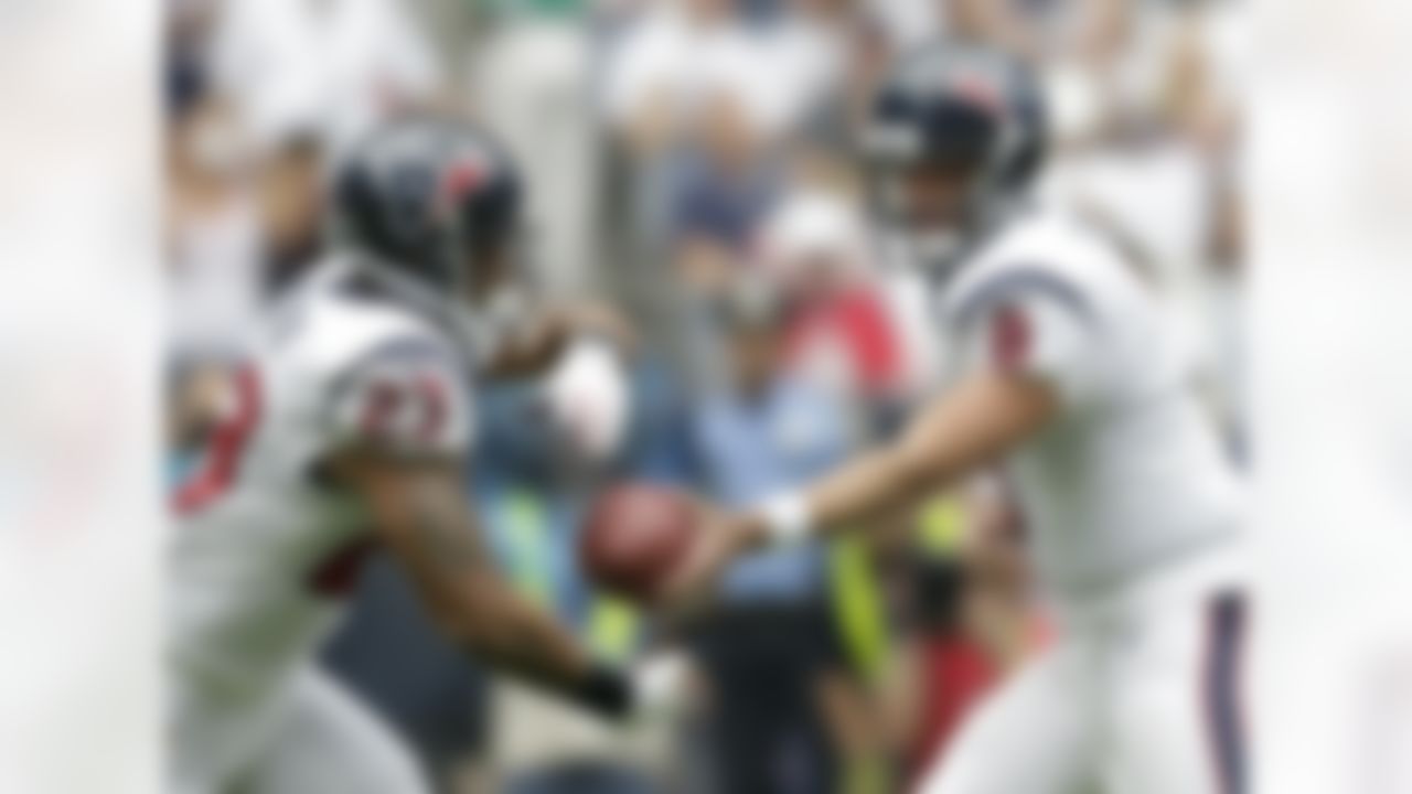 Houston Texans' Matt Schaub (8) hands off to Arian Foster (23) during the first quarter of an NFL football game against the Tennessee Titans, Sunday, Sept. 15, 2013, in Houston. (AP Photo/Eric Gay)