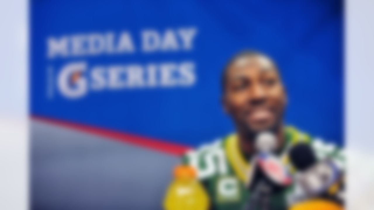 Green Bay Packers wide receiver Greg Jennings speaks during Media Day at Cowboys Stadium in Arlington, Texas on February 1, 2011. (Gary A. Vasquez/NFL)