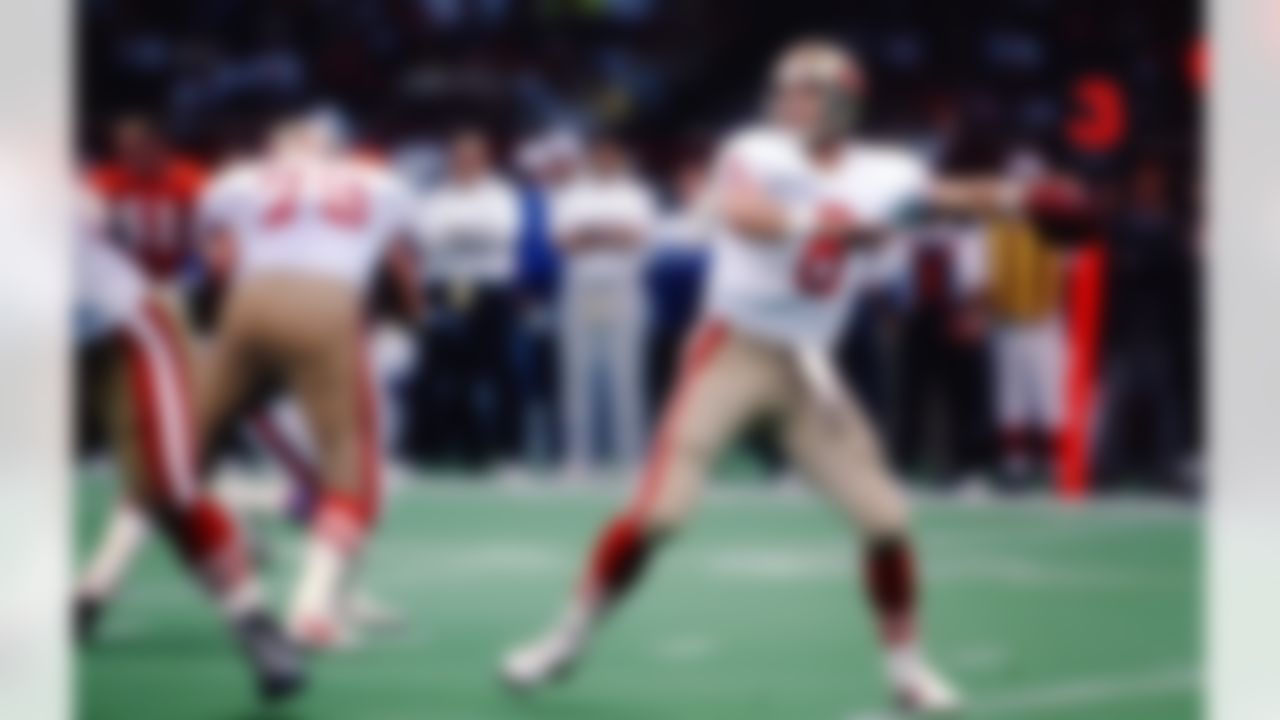 San Francisco 49ers Hall of Fame quarterback Steve Young (8) sets up to pass during a Super Bowl XXIV NFL game against the Denver Broncos in New Orleans, on January 28, 1990. The 49ers defeated the Broncos 55-10. (National Football League)
