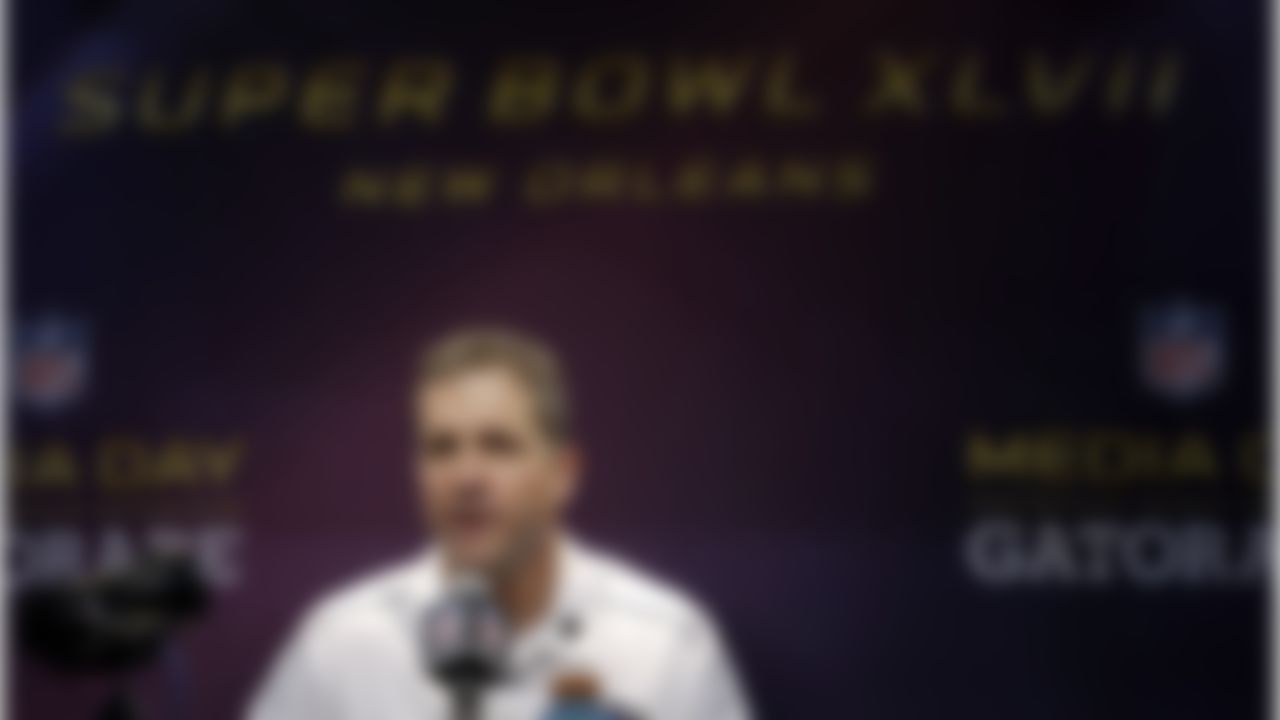Baltimore Ravens head coach John Harbaugh speaks during media day for the NFL Super Bowl XLVII football game Tuesday, Jan. 29, 2013, in New Orleans. (AP Photo/Charlie Riedel)