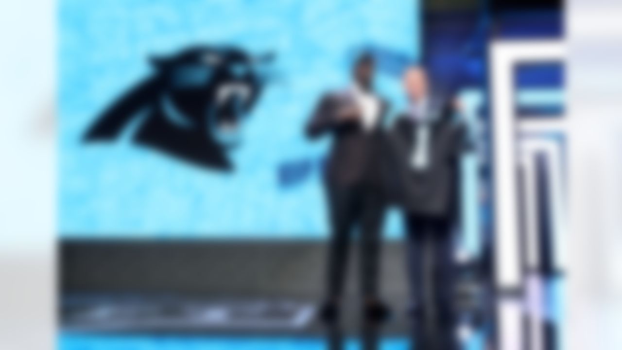 Louisiana Tech defensive tackle Vernon Butler holds up his jersey with NFL Commissioner Roger Goodell after being drafted by the Carolina Panthers during the 2016 NFL Draft at the Auditorium Theatre on Thursday, April 28, 2016 in Chicago. (Perry Knotts/NFL)