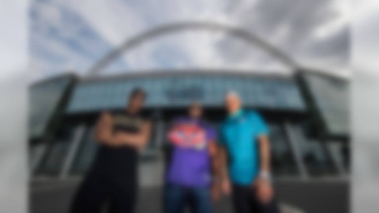 From left, New Orleans Saints defensive end Alex Jenkins, Baltimore Ravens nose tackle Brandon Williams, and Miami Dolphins wide receiver Kenny Stills visit Wembley Stadium on Thursday, July 13. (Dave Shopland NFL/UK)