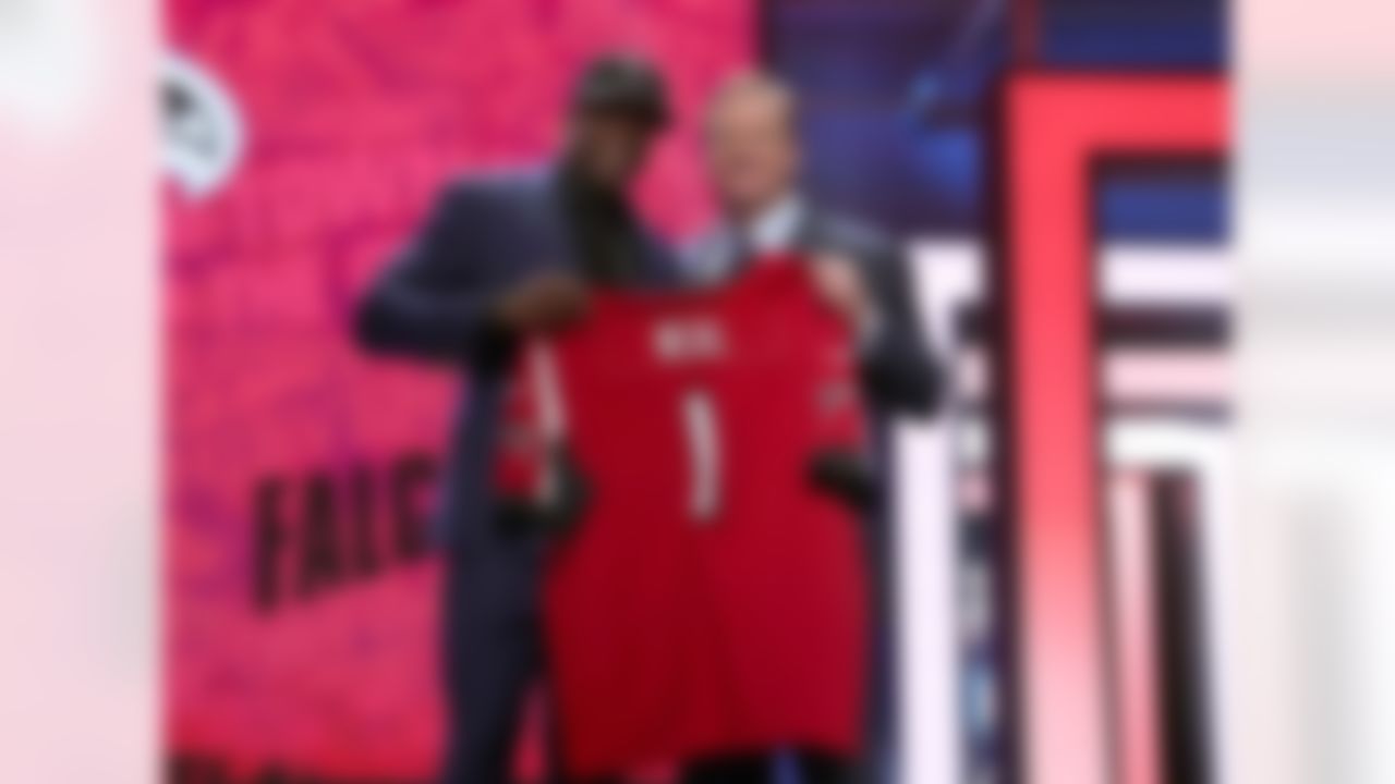 Florida strong safety Keanu Neal poses with NFL Commissioner Roger Goodell on the stage after being drafted by the Atlanta Falcons during the 2016 NFL Draft at the Auditorium Theatre on Thursday, April 28, 2016 in Chicago. (Perry Knotts/NFL)