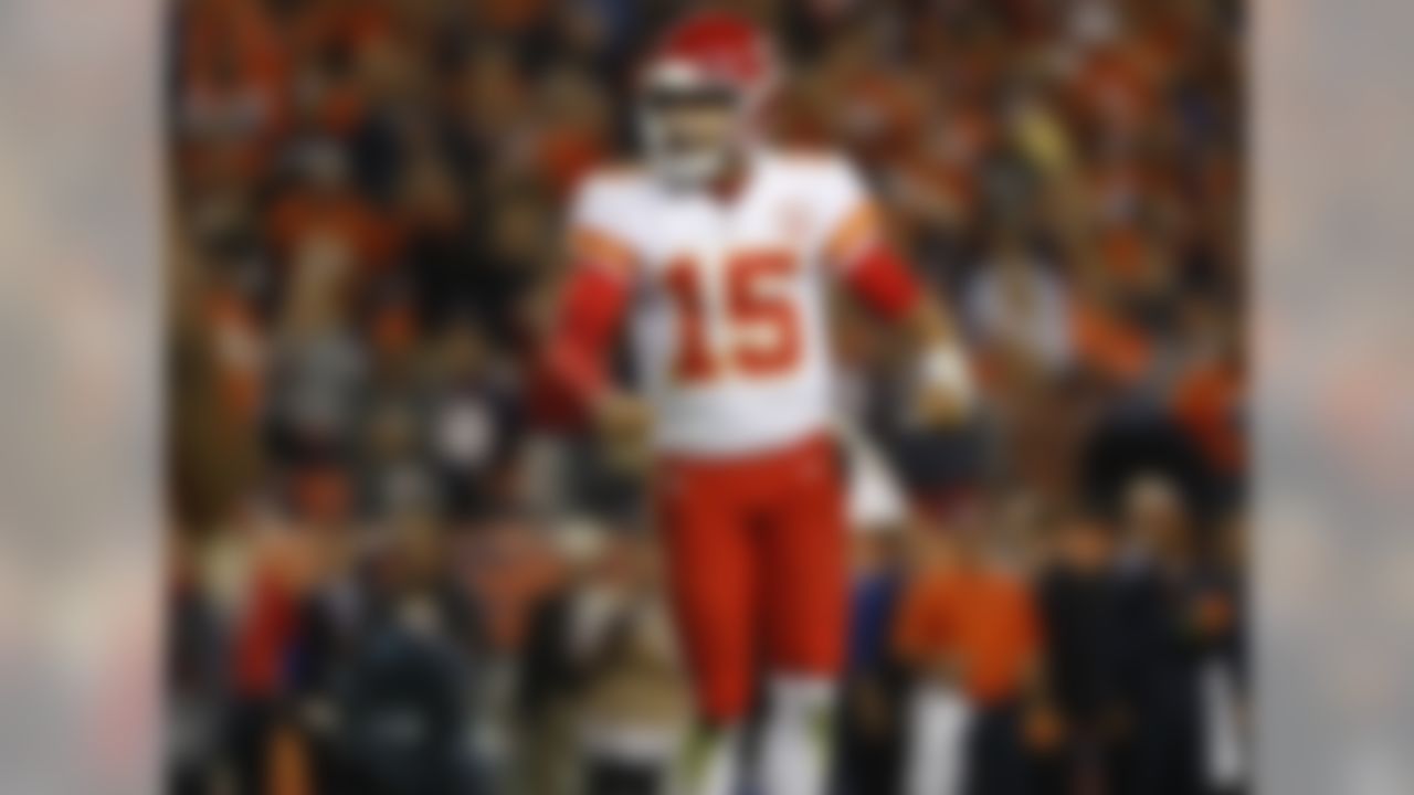 Kansas City Chiefs quarterback Patrick Mahomes (15) celebrates a fourth quarter touchdown against Denver Broncos, Monday, Oct. 1, 2018, in Denver.