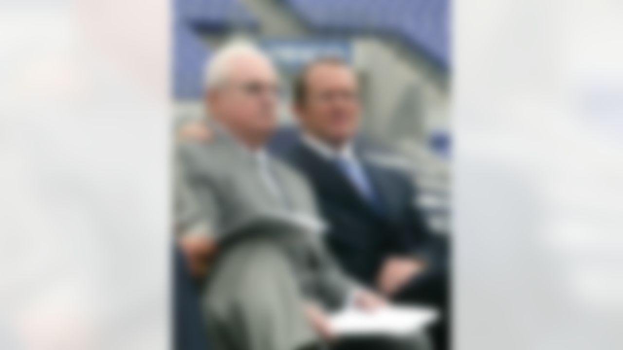 Owner and CEO of the Baltimore Ravens Art Modell, left, and team President David Modell, right, sit together at a press conference at the newly named M&T Bank Stadium in Baltimore, Md. Tuesday, May 6, 2003. M&T Bank bought the naming rights in a 15-year $75 million deal. (AP Photo/ Matt Houston)