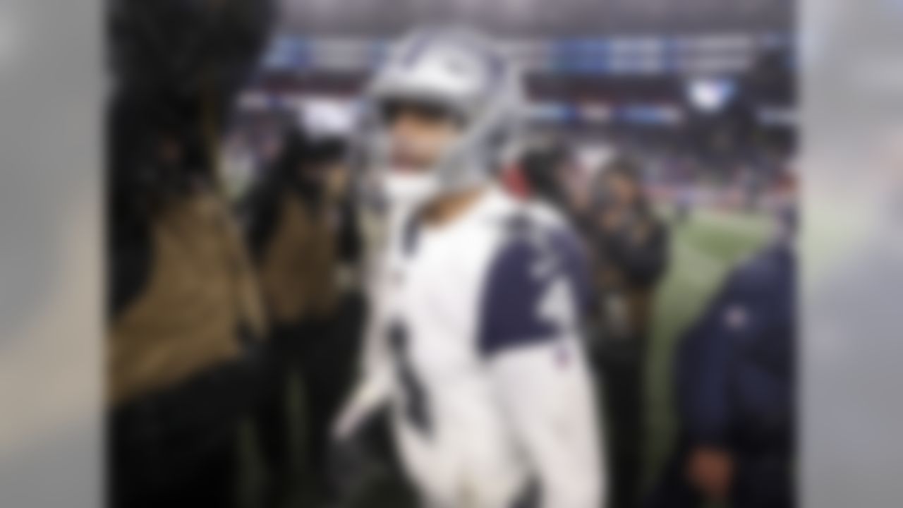 Dallas Cowboys quarterback Dak Prescott (4) walks off the field following an NFL football game against the New England Patriots, Sunday, Nov. 24, 2019 in Foxborough, Mass.