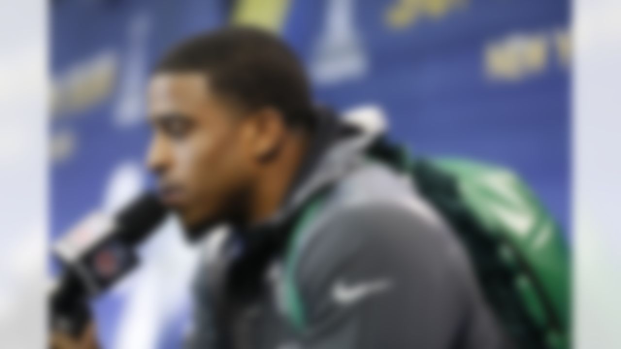 Seattle Seahawks middle linebacker Bobby Wagner (54) answers questions from the media during the Super Bowl XLVIII Media Day at the Prudential Center on Tuesday, January 28, 2014 in Newark, NJ. (Perry Knotts/NFL)