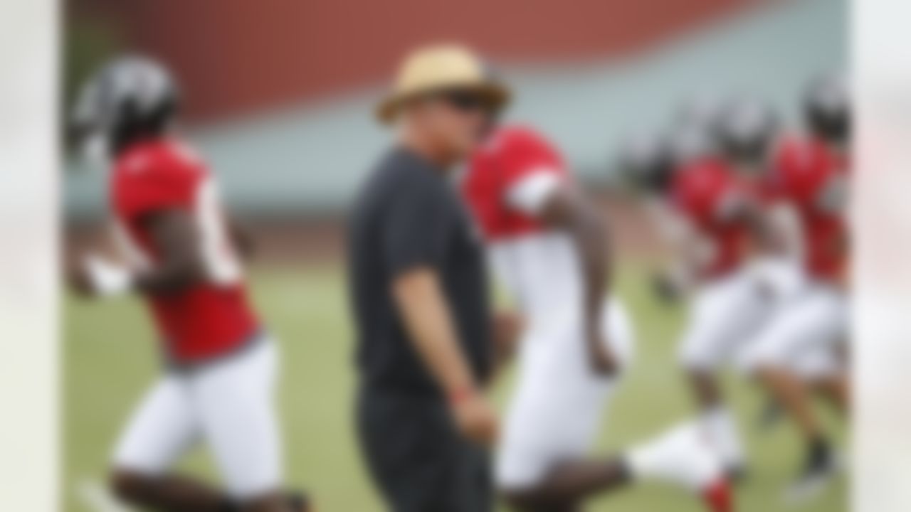 Atlanta Falcons head coach Mike Smith watches the NFL football team's training camp in Flowery Branch, Ga., Tuesday, July 31, 2012. (AP Photo/John Bazemore)