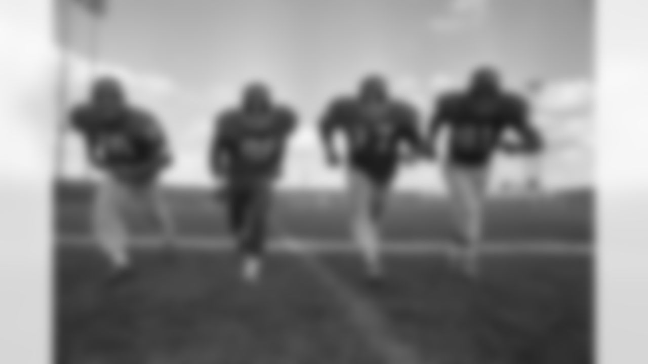 The powerful defensive front four of the Vikings (1-r: Jim Marshall, Alan Page, Gary Larson, Carl Eller), rated one of the best in the NFL, practiced Sept. 16, 1971in Minneapolis, in preparation for next Monday's season opener against Detroit,. (AP Photo)