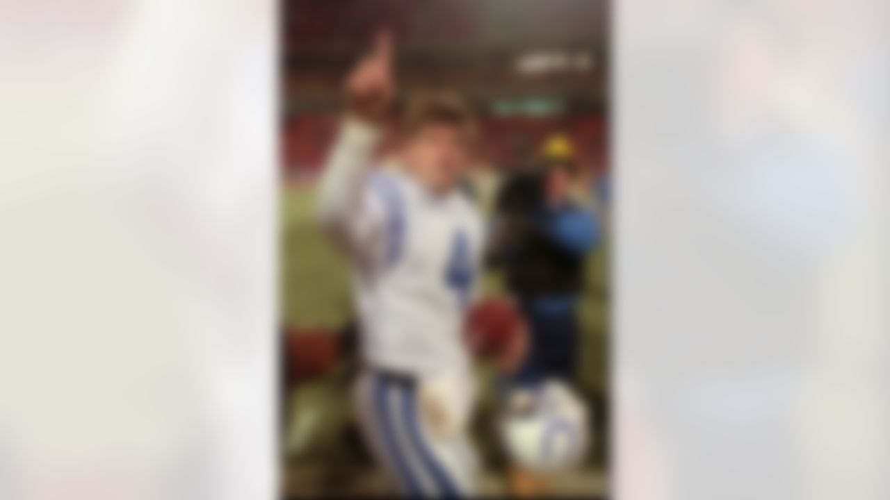 Indianapolis Colts quarterback Jim Harbaugh celebrates their 10-7 victory over the Kansas City Chiefs Sunday, Jan. 7, 1996 at Arrowhead Stadium in Kansas City, Mo. The Colts now head to Pittsburgh for the AFC championship game Sunday. (AP Photo/Mark Duncan)