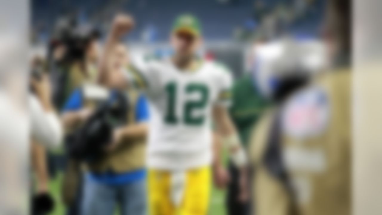 Green Bay Packers quarterback Aaron Rodgers (12) celebrates after an NFL football game against the Detroit Lions at Ford Field, Monday, Jan. 2, 2017 in Detroit, Mi.  The Packers defeated the Lions 31-24. (Perry Knotts/NFL)