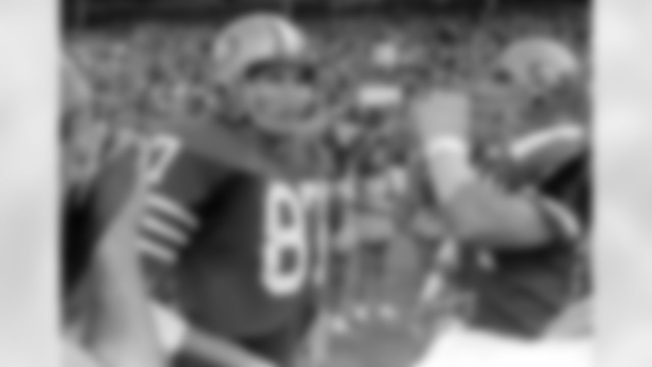 San Francisco 49er Wide Receiver Dwight Clark (87) and Guard Dan Audick (61). (AP Photo/Al Golub)