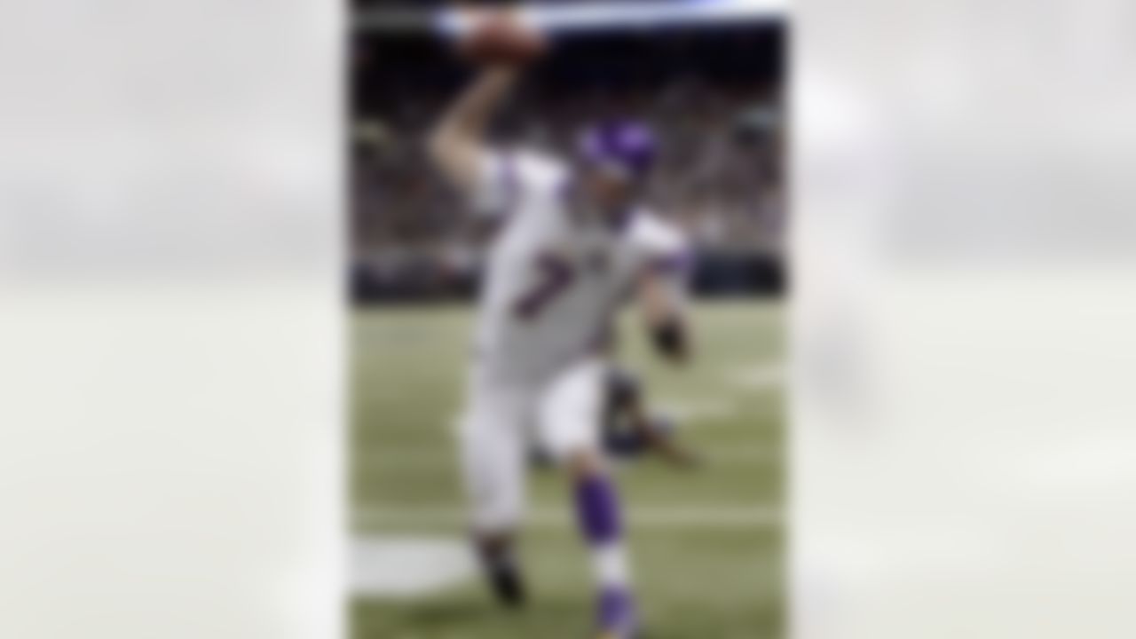 Minnesota Vikings quarterback Christian Ponder spikes the ball after scoring on a 5-yard run during the first quarter of an NFL football game against the St. Louis Rams Sunday, Dec. 16, 2012, in St. Louis. (AP Photo/Tom Gannam)
