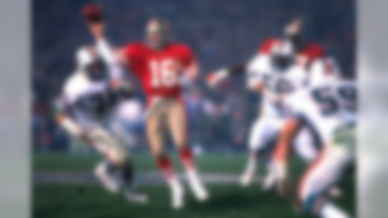 San Francisco 49ers QB Joe Montana passes in the 49ers 38-16 victory over the Dolphins in Super Bowl XIX on January 20, 1985 at Stanford Stadium in Palo Alto, California. (Al Messerschmidt/NFL)