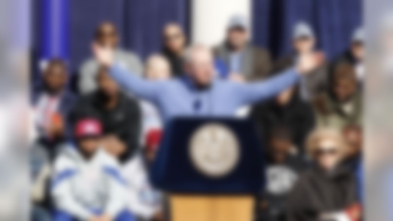 Feb 7, 2012; New York, NY, USA; New York Giants head coach Tom Coughlin speaks to the crowd during the Super Bowl XLVI victory celebration in downtown Manhattan. Mandatory Credit: William Perlman/THE STAR-LEDGER via US PRESSWIRE