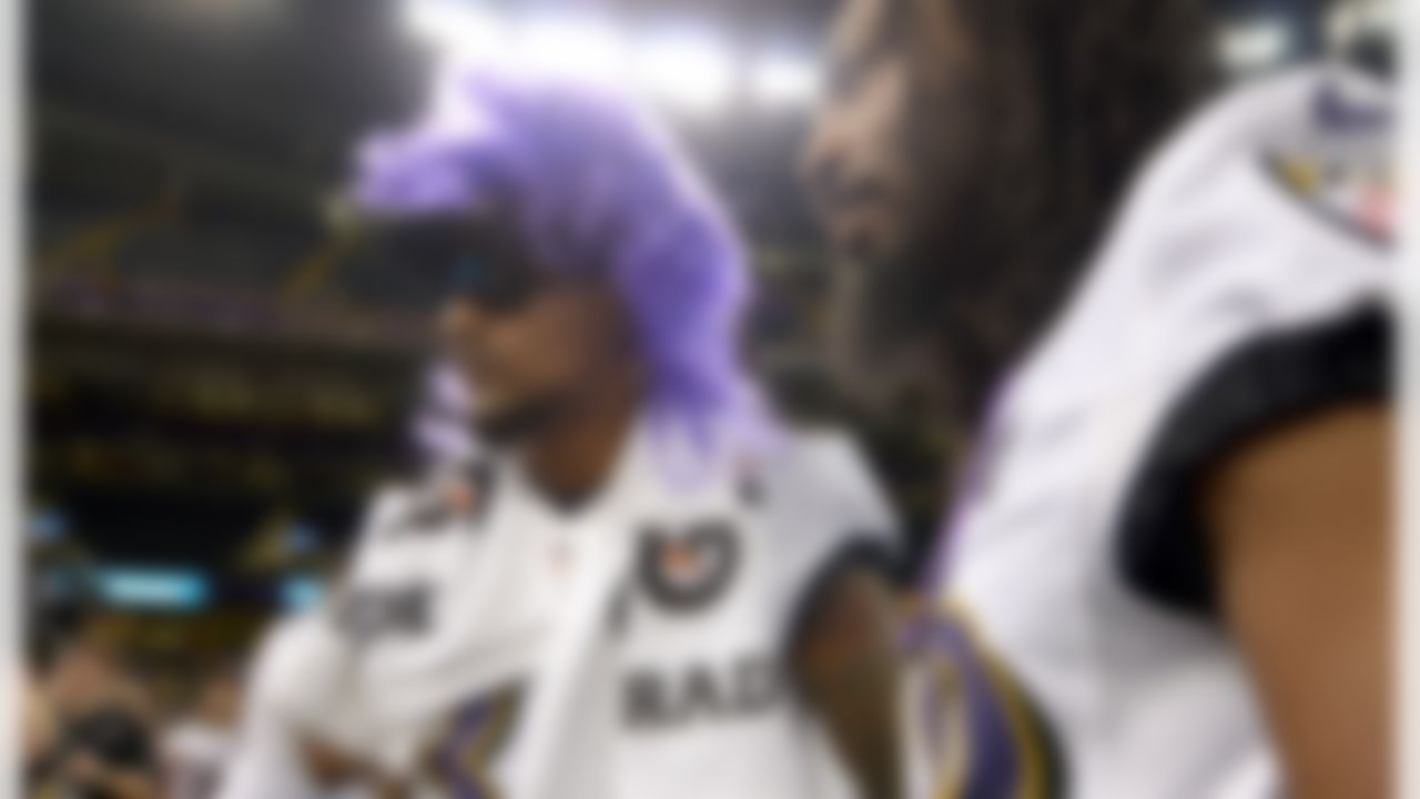 Baltimore Ravens safety Christian Thompson wears a purple wig during the Super Bowl XLVII Media Day at the Superdome on Tuesday, January 29, 2013 in New Orleans, LA. (Celeste Pascual/NFL)