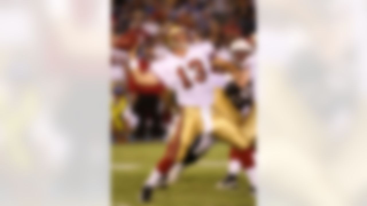 SAN DIEGO - AUGUST 30: Quarterback Shaun Hill #13 of the San Francisco 49ers throws a pass against the San Diego Chargers in a preseason game at Qualcomm Stadium August 30, 2007 in San Diego, California. (Photo by Stephen Dunn/Getty Images)