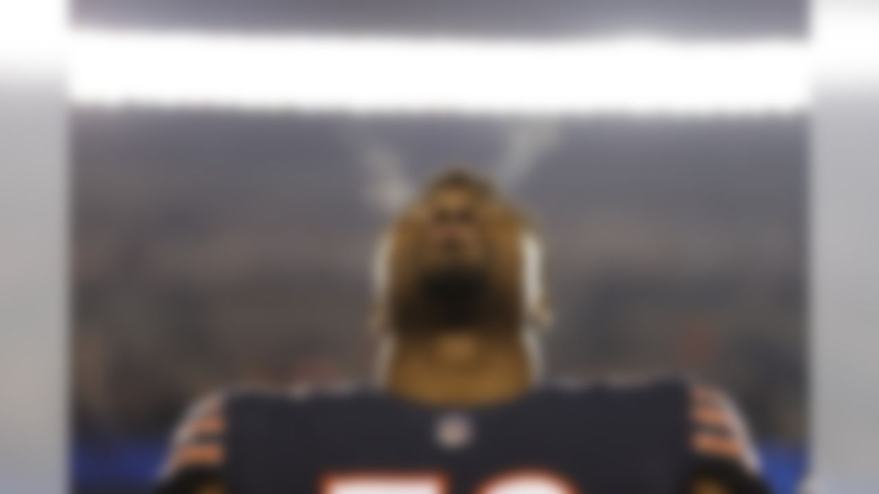 Bears linebacker Khalil Mack (52) stands on the sidelines prior to the start of Chicago's game against the Los Angeles Rams.